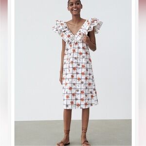 Zara Women’s White Floral Ruffle Shoulder Checkered Midi Dress.  Size M